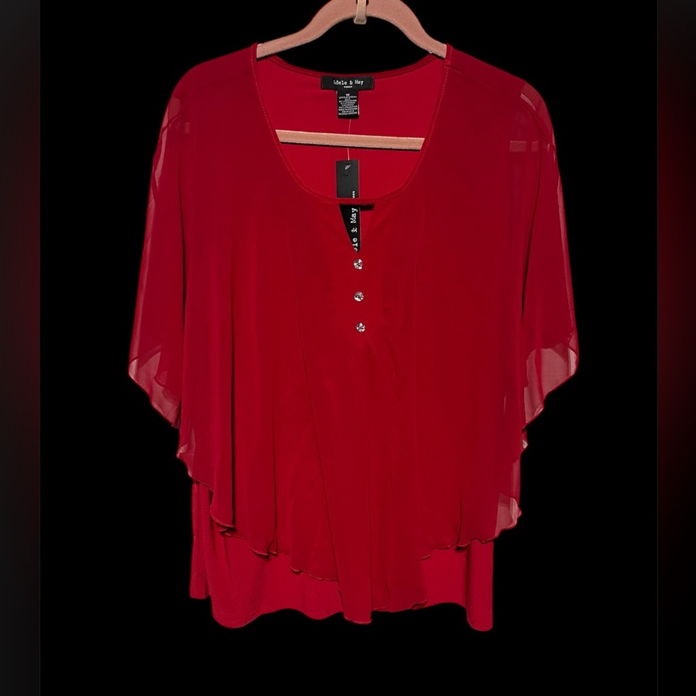 ADELE & MAY TOP W/RHINESTONE BUTTONS/SHEER WOMEN 1X RED‎ FLOWY FAIRY FEMININE